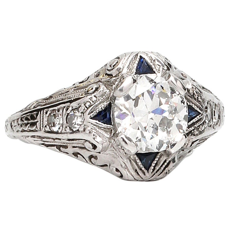 Art Deco Platinum Diamond and Sapphire Solitaire Ring, circa 1920s For Sale