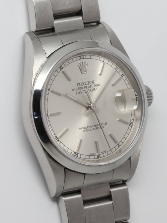 Rolex stainless steel Datejust wristwatch, Ref. 16200, U serial number, circa 1997. 36mm diameter case with smooth bezel, sapphire crystal, original silvered satin dial with applied indexes and baton hands. Self-winding caliber 3135 movement with