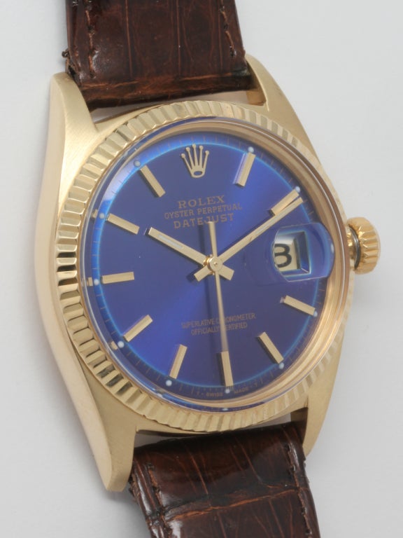 Rolex Yellow Gold Datejust Wristwatch with custom colored Blue Dial, circa 1964
