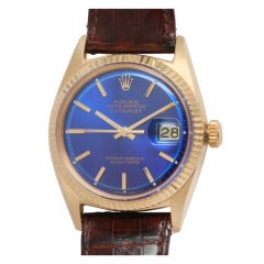 Rolex Yellow Gold Datejust Wristwatch with custom colored Blue Dial, circa 1964