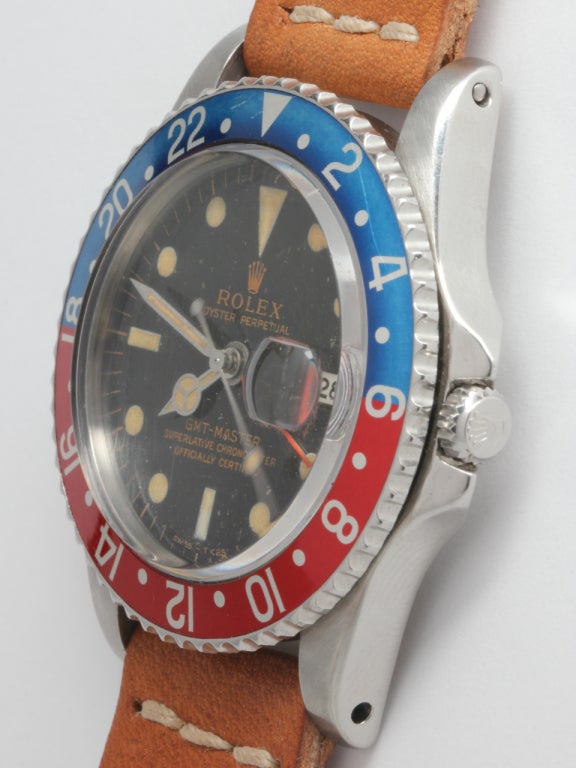 Rolex Stainless Steel GMT-Master Wristwatch with Gilt Dial Ref 1675 circa 1966 In Excellent Condition In West Hollywood, CA