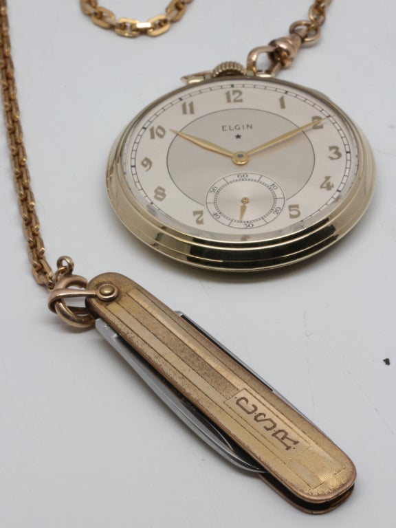 Elgin Yellow Gilt Pocket Watch with Chain and Knife, circa 1938 In Excellent Condition In West Hollywood, CA