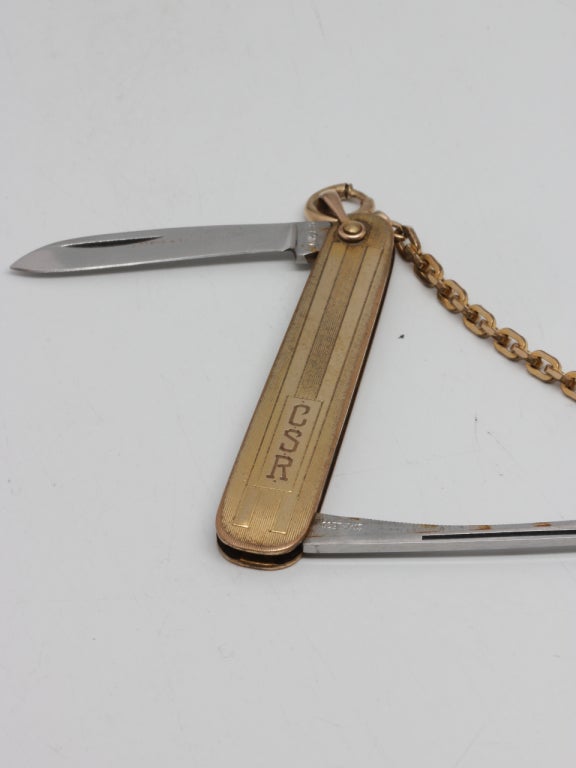 Men's Elgin Yellow Gilt Pocket Watch with Chain and Knife, circa 1938