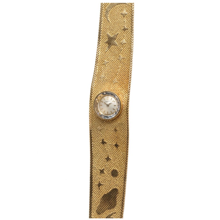 Omega Lady's Yellow Gold Cosmos Themed Bracelet Watch circa 1960s For Sale