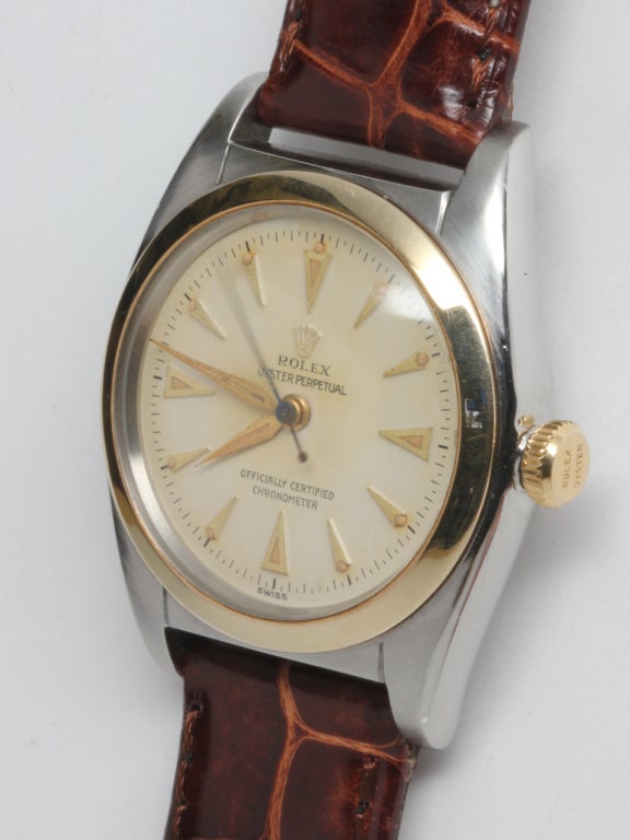 Rolex Stainless Steel and Yellow Gold Bubbleback Wristwatch circa 1949 In Excellent Condition In West Hollywood, CA