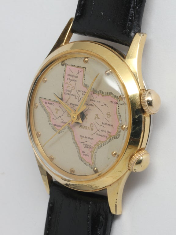 Swiss Gilt Alarm Wristwatch with Map of Texas circa 1970s In Excellent Condition In West Hollywood, CA