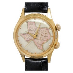 Vintage Swiss Gilt Alarm Wristwatch with Map of Texas circa 1970s