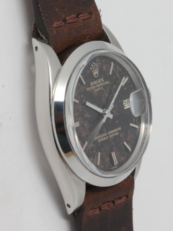 Rolex stainless steel Oyster Perpetual Date wristwatch, Ref. 1501, serial number 1.7 million, circa 1968. 34mm case with smooth bezel, acrylic crystal and remarkably beautiful original dial naturally aged to the appearance of brown. Truly unique and