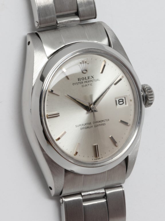 Rolex stainless steel Oyster Perpetual Date wristwatch, Ref. 1500, serial number 1.0 million, circa 1964. 34mm case with smooth bezel, acrylic crystal and very pleasing silvered satin dial with applied indexes and dauphine hands. Self-winding