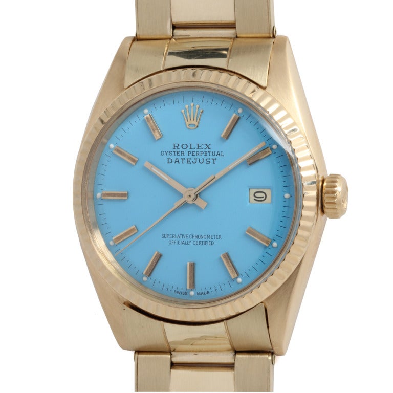 Rolex Yellow Gold Datejust Wristwatch with Custom colored Dial circa 1966
