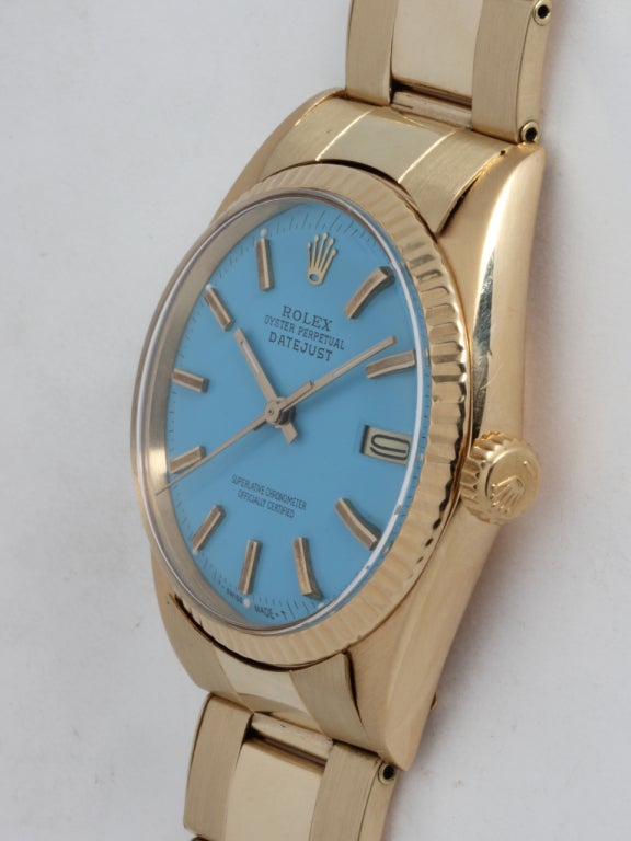 Rolex Yellow Gold Datejust Wristwatch with Custom colored Dial circa 1966 In Excellent Condition In West Hollywood, CA