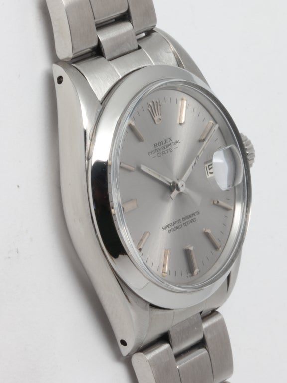Rolex stainless steel Oyster Perpetual Date wristwatch, Ref. 1501, serial number 3.1, circa 1972. 34mm case with smooth bezel and acrylic crystal. Original silvered satin dial with applied indexes and hands. Rolex 1570 calibre self-winding movement