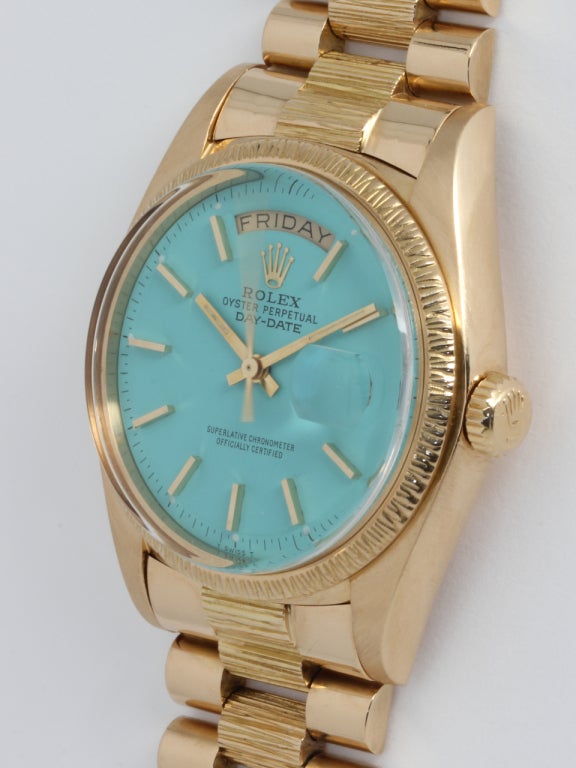 Rolex Yellow Gold Day-Date Wristwatch with Bark Finish Bracelet and Re-Printed Dial circa 1977 In Excellent Condition In West Hollywood, CA