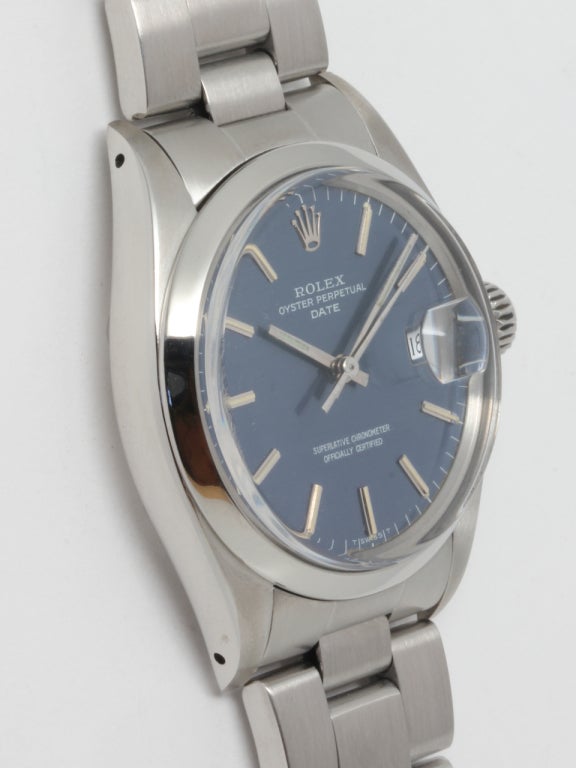 Rolex stainless steel Oyster Perpetual Date wristwatch, Ref. 5500, serial number 3.8 million, circa 1973. 34mm diameter case with smooth bezel, acrylic crystal, and very pleasing original blue dial with applied indexes and baton hands. Self-winding