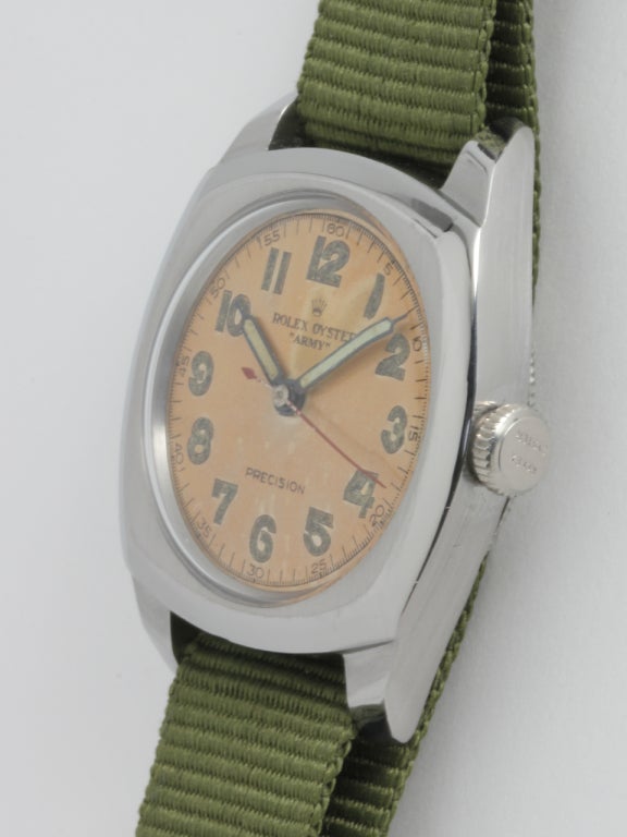Rolex Stainless Steel Oyster Army Wristwatch circa 1940s In Excellent Condition In West Hollywood, CA
