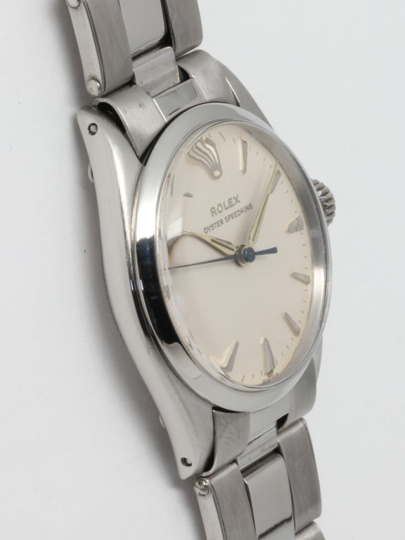 Rolex stainless steel Speedking wristwatch, Ref. 6420, circa 1951, complete with original box and papers. 31mm case with screw down crown, original matte silvered dial with raised tapered indexes and tapered hands. 17-jewel manual-wind movement with