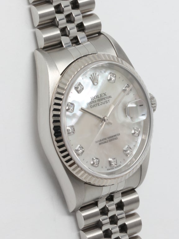 Rolex Stainless Steel Datejust Wristwatch with Mother-of-Pearl Diamond Dial circa 2000