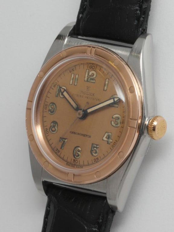 Rolex Rose Gold and Stainless Steel Bubbleback Wristwatch circa 1940s In Excellent Condition In West Hollywood, CA