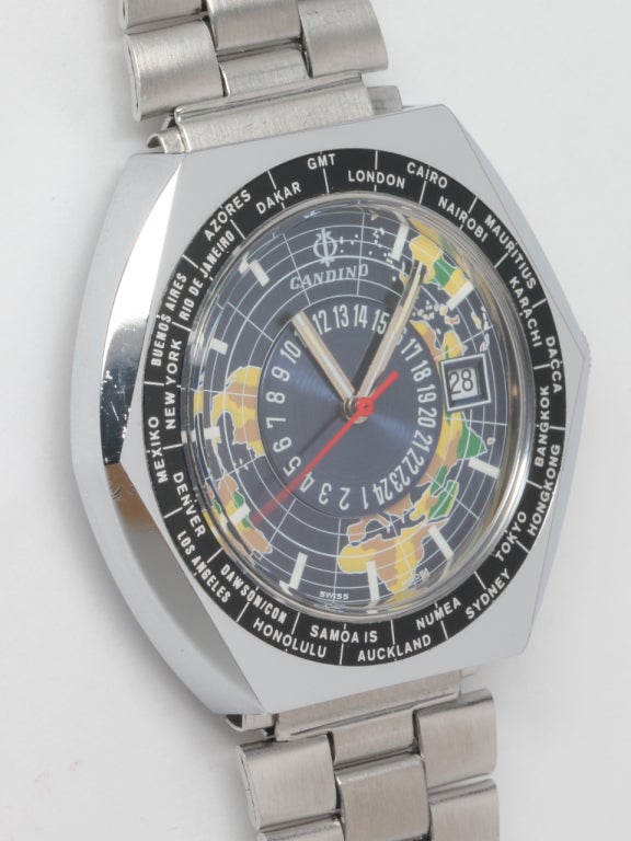 Candino Stainless Steel World Time Wristwatch circa 1970s