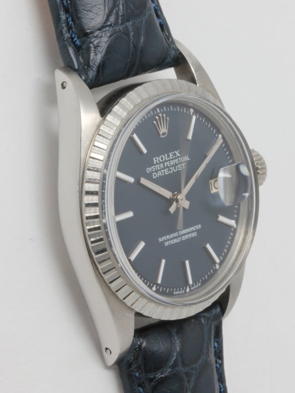 Rolex stainless steel Datejust wristwatch, Ref. 1601, serial number 1.8 million, circa 1968. 36mm case with engine-turned bezel and very pleasing original blue dial with applied indexes with luminous hands. Calibre 1570 self-winding movement with