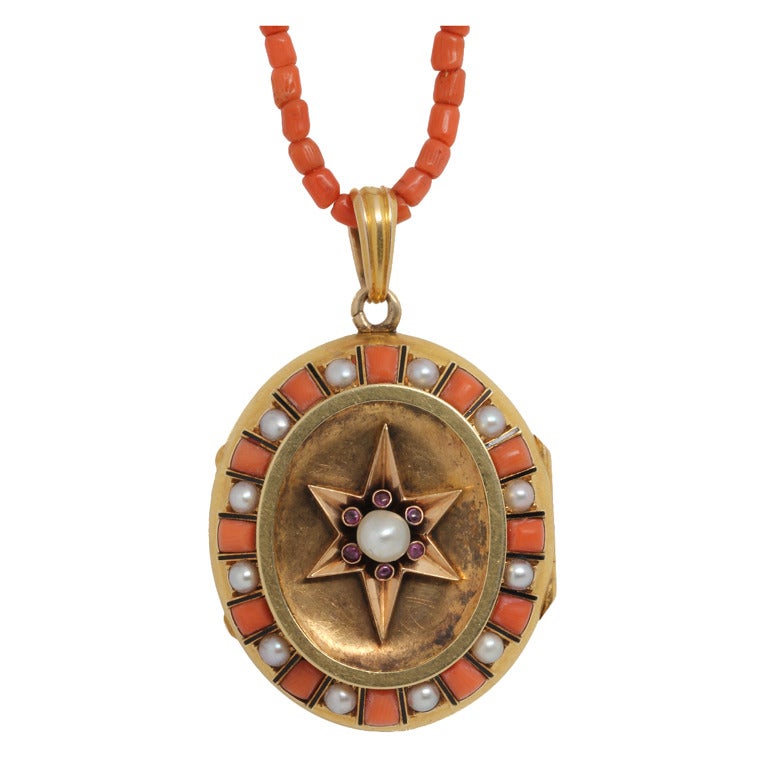 Coral Pearl Gold Victorian Locket For Sale