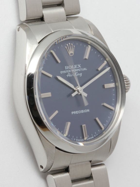 Rolex stainless steel Oyster Perpetual Airking wristwatch, Ref. 5500, serial number R6, circa 1987. 34mm case with smooth bezel, acrylic crystal and original midnight blue dial with applied indexes. Self-winding calibre 1520 movement with sweep