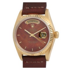 Rolex Yelow Gold Day-Date Wristwatch with Burlwood Dial circa 1979