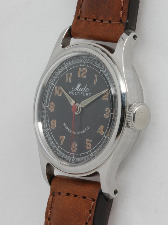 Mido Stainless Steel Multifort Automatic Wristwatch circa 1950s In Excellent Condition In West Hollywood, CA