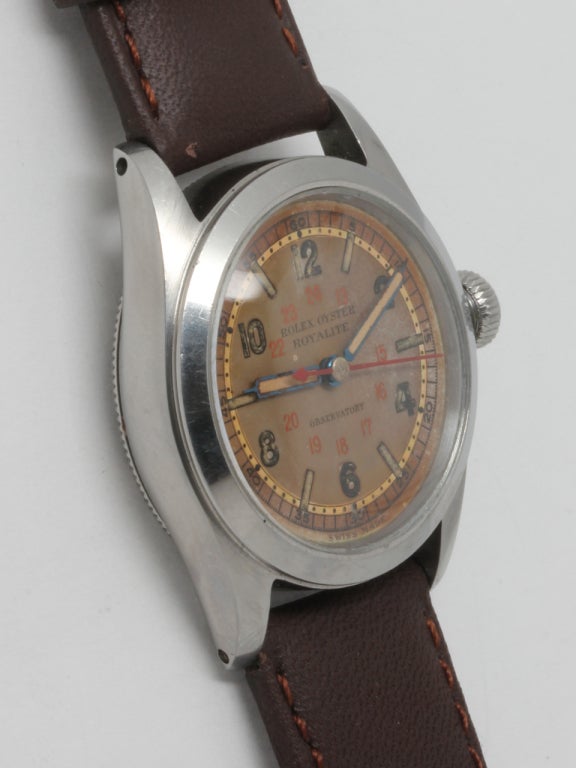 Rolex stainless steel Oyster Royalite Observatory wristwatch scarce WWII-era model with exceptional condition original dial and unusually pristine case. 31mm boy's-size model, serial number 227,XXX, circa 1942, with rare original 24-hour dial with
