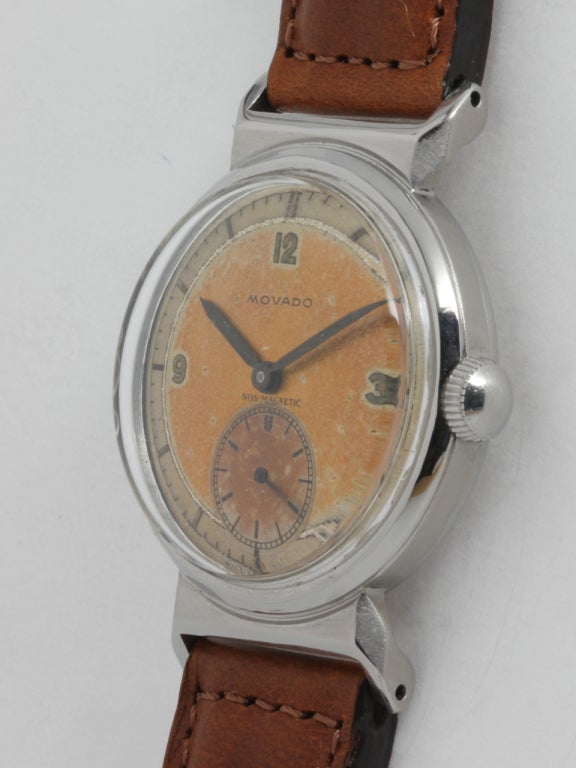 Movado Stainless Steel Wristwatch with Hooded Lugs circa 1940s In Excellent Condition In West Hollywood, CA