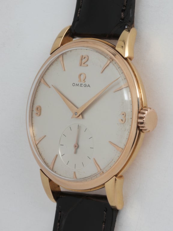 Omega Rose Gold Oversized Wristwatch circa 1950s In Excellent Condition In West Hollywood, CA