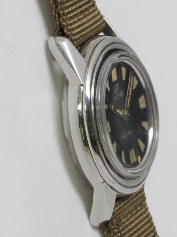 Enicar stainless steel Sea Pearl Sherpa automatic diver's wristwatch, circa 1960s. Great looking 36mm waterproof case with screw back, stepped bezel and heavy angled lugs. Original matte black dial with luminous indexes, wide luminous hour and