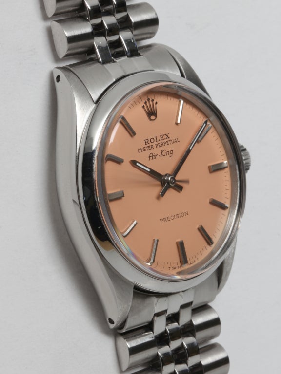 Rolex stainless steel Oyster Perpetual Airking wristwatch, Ref. 5552, serial number 1.5 million, circa 1966. 34mm case with smooth bezel, acrylic crystal and custom-colored peach dial with applied indexes and baton hands. Self-winding calibre 1520