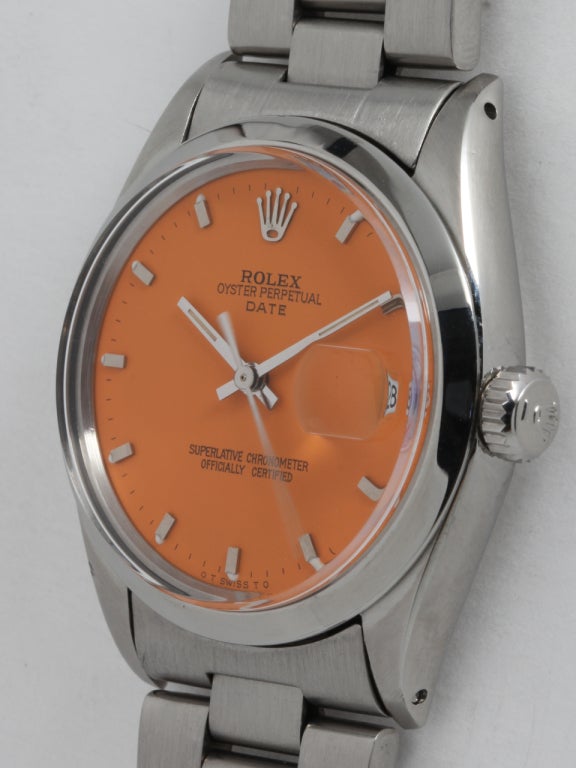 Rolex Stainless Steel Oyster Perpetual Date Wristwatch circa 1966 with Custom-Colored Dial In Excellent Condition In West Hollywood, CA