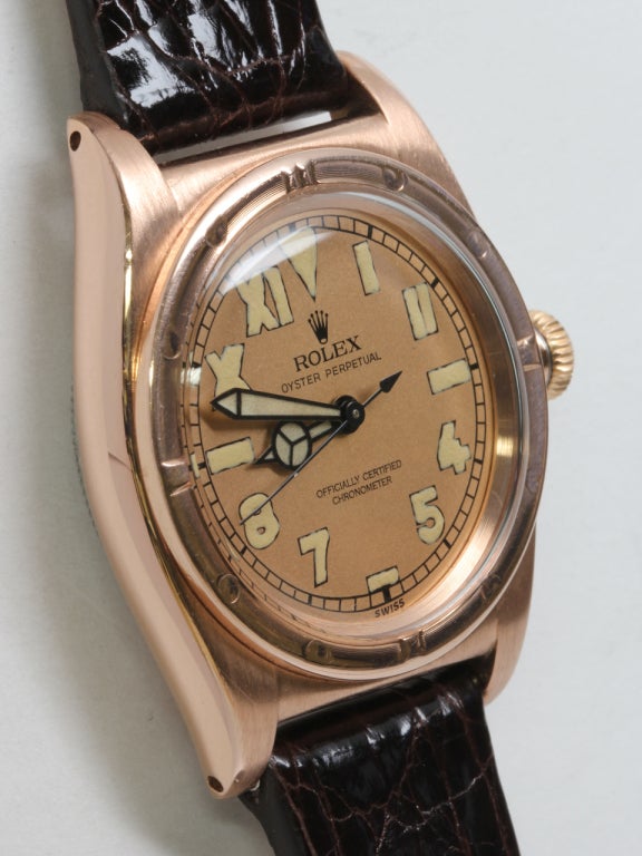 Rolex Bubbleback wristwatch with rose gold top and stainless steel case back, Ref# 3933, circa 1940s. 32mm diameter tonneau shaped Oyster case with screw back and period style screw down bubbleback crown, beautifully restored so called 