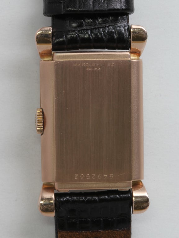 Women's or Men's Bulova Rose Gold-Filled Rectangular Wristwatch with Flared Lugs circa 1940s