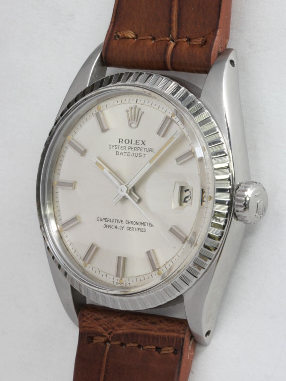 Rolex stainless steel Datejust wristwatch, Ref. 1601, serial number 3.2 million, 36mm case, circa 1972. 36mm case with engine turned bezel and acrylic crystal. Great looking and original silvered satin 