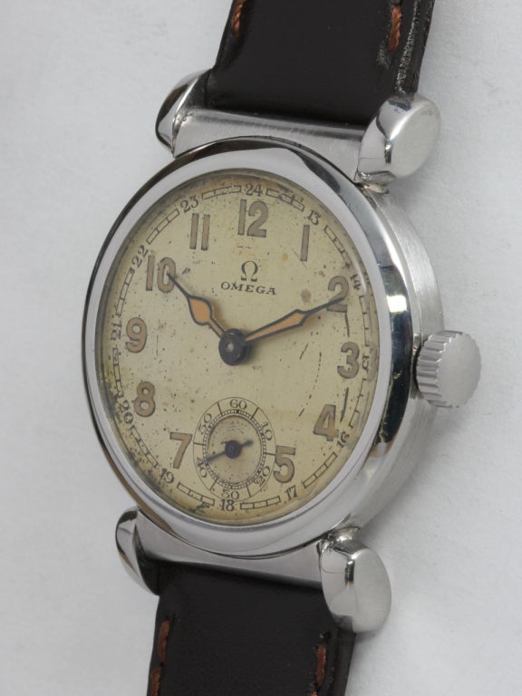 Omega Stainless Steel Wristwatch with Unusual Lugs circa 1940s In Excellent Condition In West Hollywood, CA