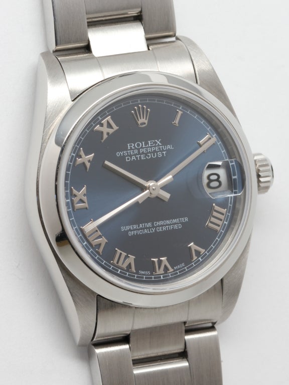Rolex SS Midsize Datejust ref #78240 31mm diameter Oyster case with smooth bezel and sapphire crystal circa 2003. With blue original heavy Roman dial with applied silver indexes. Self winding movement with quick set date. Rolex SS heavy Oyster