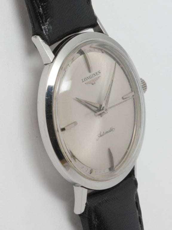 Longines stainless steel automatic wristwatch, circa 1960s, 33 X 40mm, screw back case. Original dial with applied Longines winged hour glass logo, dauphine hands and signed Longines crown. Self-winding movement with sweep seconds. Very cool looking