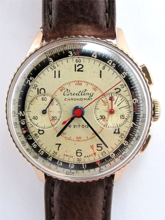 Breitling 18K PG Chronomat 2 Register Handaufzug chrongraph ref 769 circa 1940's Schöne Original 2 Ton 3 Farbe Zifferblatt selten mit schwarzer Farbe Spur, mit gebläuten Stahlzeiger. Flache Chronographendrücker und drehbare, gerändelte Lünette. Ein