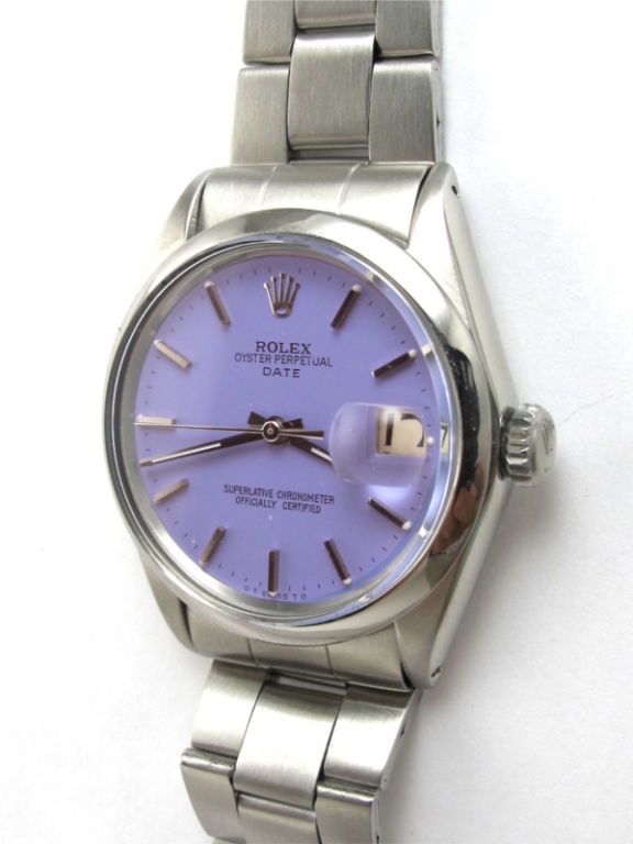 Rolex SS Oyster Perpetual Date ref 1501 serial # 2.5 million circa 1970. 34mm diameter man's size case with smooth bezel and custom colored Lavender dial. With Rolex Oyster bracelet with deployment clasp. As featured in LUCKY Magazine, April issue.