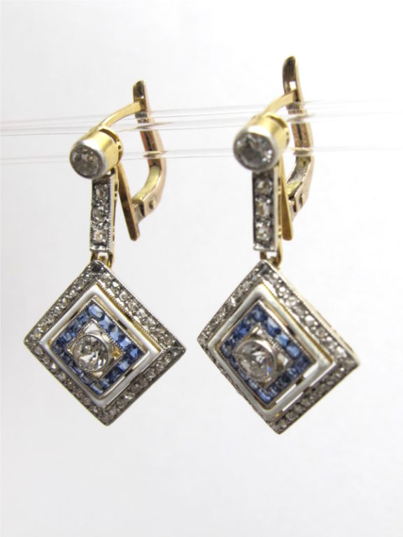 18K yellow gold/platinum top drop earrings with bezel set diamond & bead set diamond bar suspending a 1/2