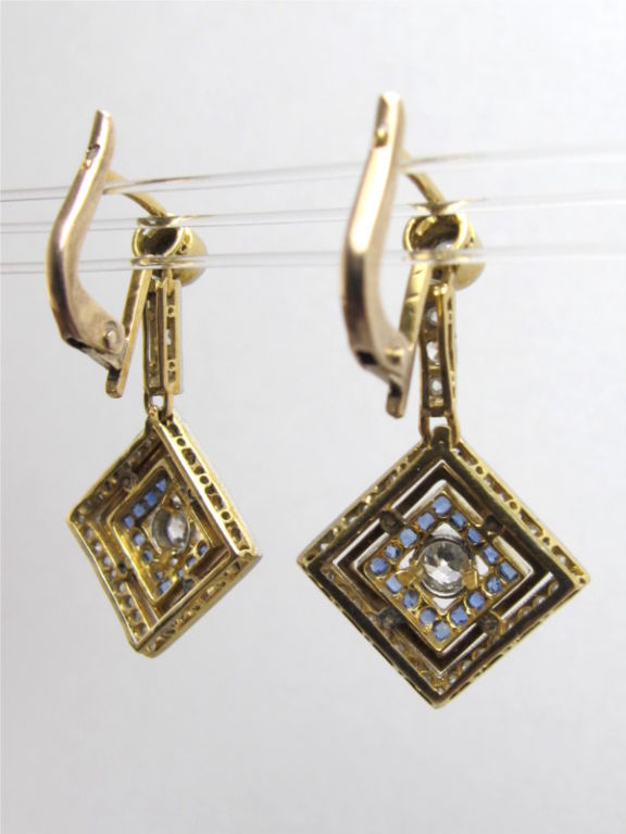 Diamond and Sapphire Art Deco Enamel Earrings In Excellent Condition In West Hollywood, CA