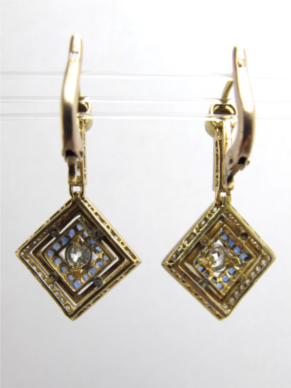 Women's Diamond and Sapphire Art Deco Enamel Earrings