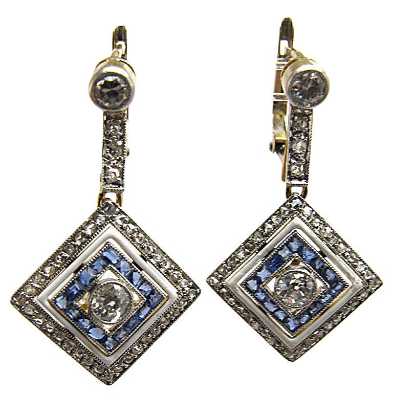 Diamond and Sapphire Art Deco Enamel Earrings