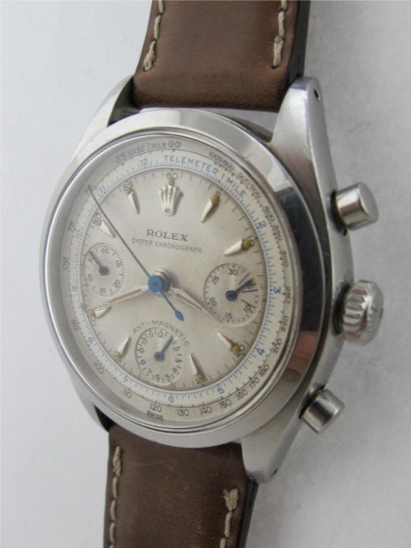 Rolex SS Antimagnetic chronograph ref # 6234 serial #384,xxx circa 1957/1958. Beautiful condition original owner example with very pleasing original matte white dial with raised triangular silver indexes, outer blue and black scales for telemeter