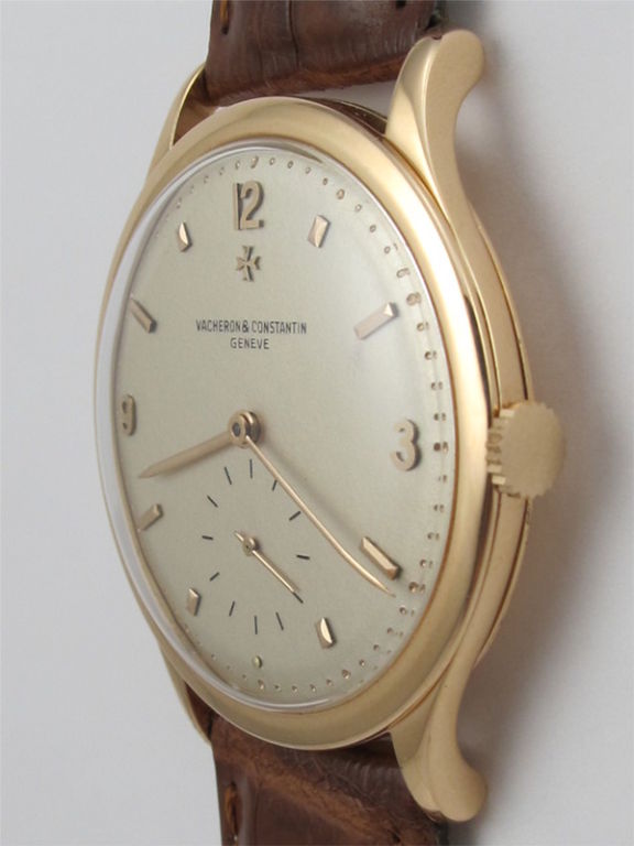Vacheron & Constantin 18K PG ref 4624 beautiful large 37.5 X 45mm dress model circa 1940's. Beautifully restored matte silver dial with applied pink gold indexes and pink gold hands. Large high grade 17 jewel manual wind movement with subsidiary