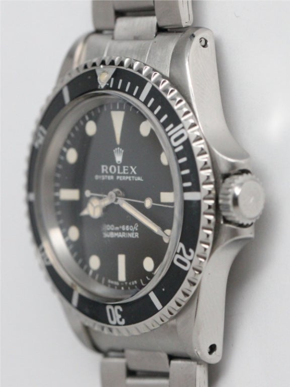 Rolex SS Submariner ref 5513 meters first circa 1968. Matte black original dial with ivory colored luminous indexes and matching hands, and early style meters first 200m=660ft. With period folded link Oyster bracelet 7836 with 258 endpieces. Very