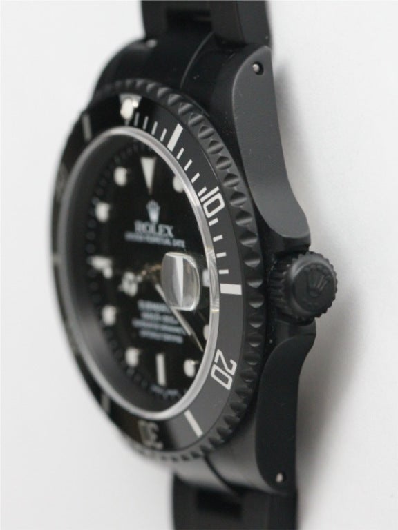 Rolex SS Submariner ref# 16610 P serial # circa 2000. Steel case and braclet DLC (Diamond Like Carbon) coated in black. Watch maintains all of it's other original features; sapphire crystal, triplock crown, luminova dial and hands, and